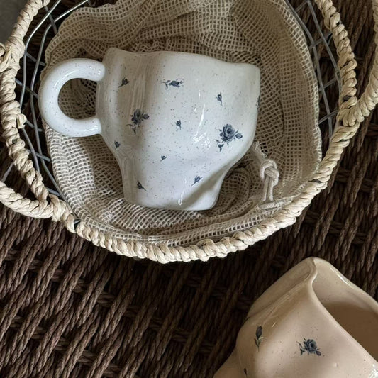 Ceramic Handmade Mug with French Rose Floral Design 法式碎花玫瑰手捏不规则陶瓷马克杯