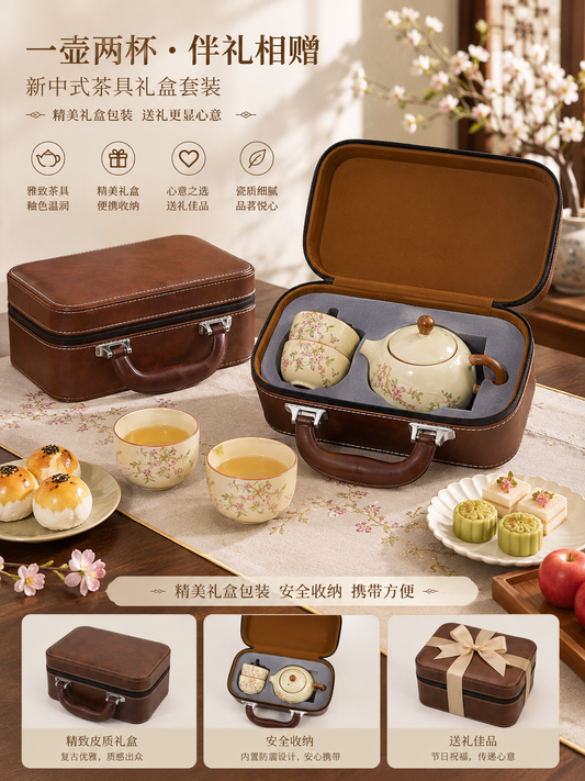 A Luxury Ceramic Tea Set Gift - 1 Teapot, 2 Cups & Elegant Travel Storage Case 釉下彩陶瓷茶具礼盒套装 1壶2杯+仿皮提手礼盒 樱花/紫阳花2款选