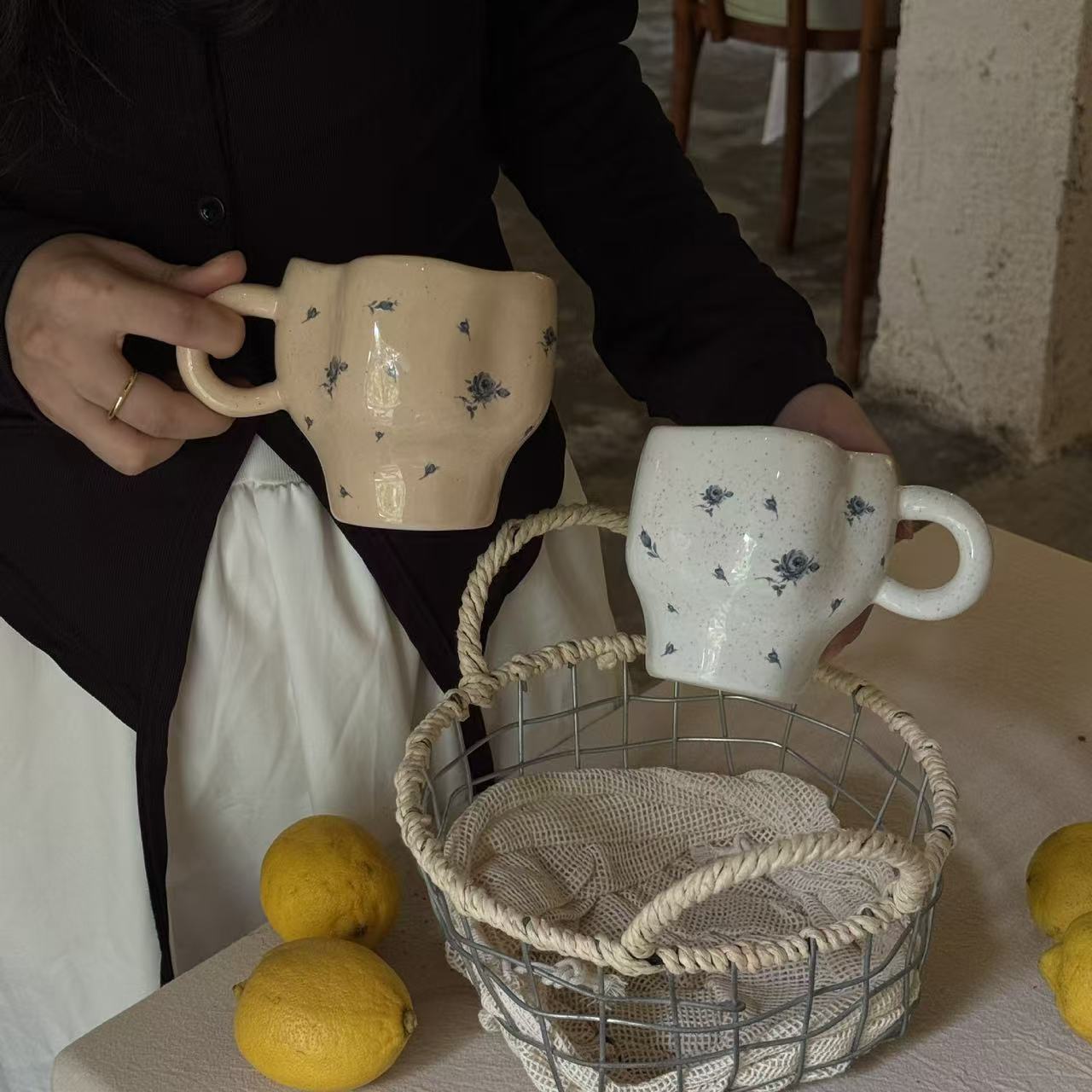 Ceramic Handmade Mug with French Rose Floral Design 法式碎花玫瑰手捏不规则陶瓷马克杯