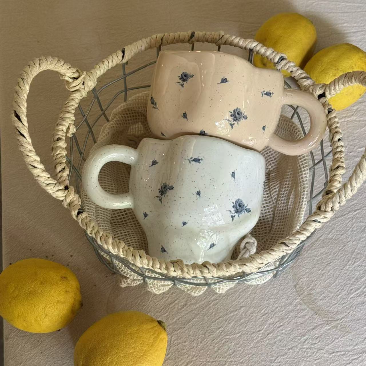Ceramic Handmade Mug with French Rose Floral Design 法式碎花玫瑰手捏不规则陶瓷马克杯