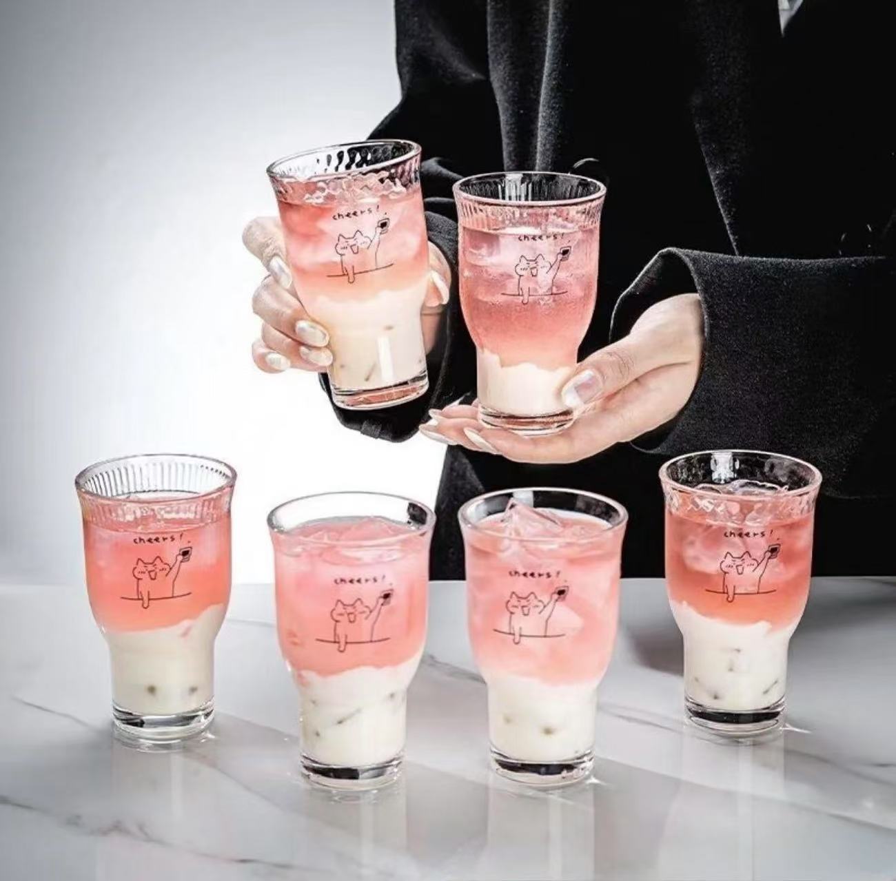 Glass Wide Mouth Cup with Cute Cat & Dog Designs 宽口小猫小狗玻璃杯