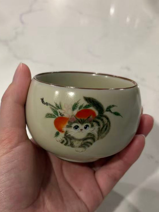 Ceramic Handcrafted Ru Kiln Cute Cat Tea Cup Gongfu Tasting Cup 可爱小猫汝窑陶瓷小茶杯 主人杯 品茗杯