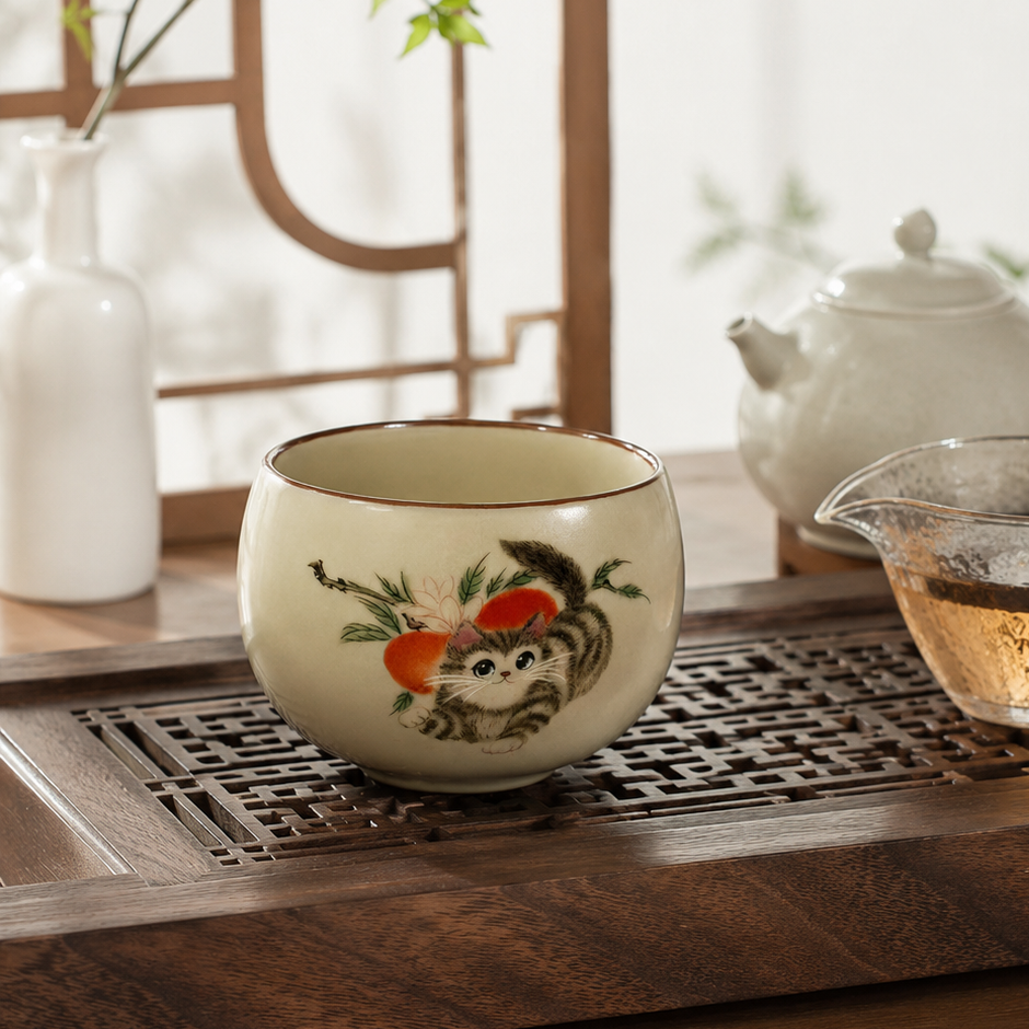 Ceramic Handcrafted Ru Kiln Cute Cat Tea Cup Gongfu Tasting Cup 可爱小猫汝窑陶瓷小茶杯 主人杯 品茗杯
