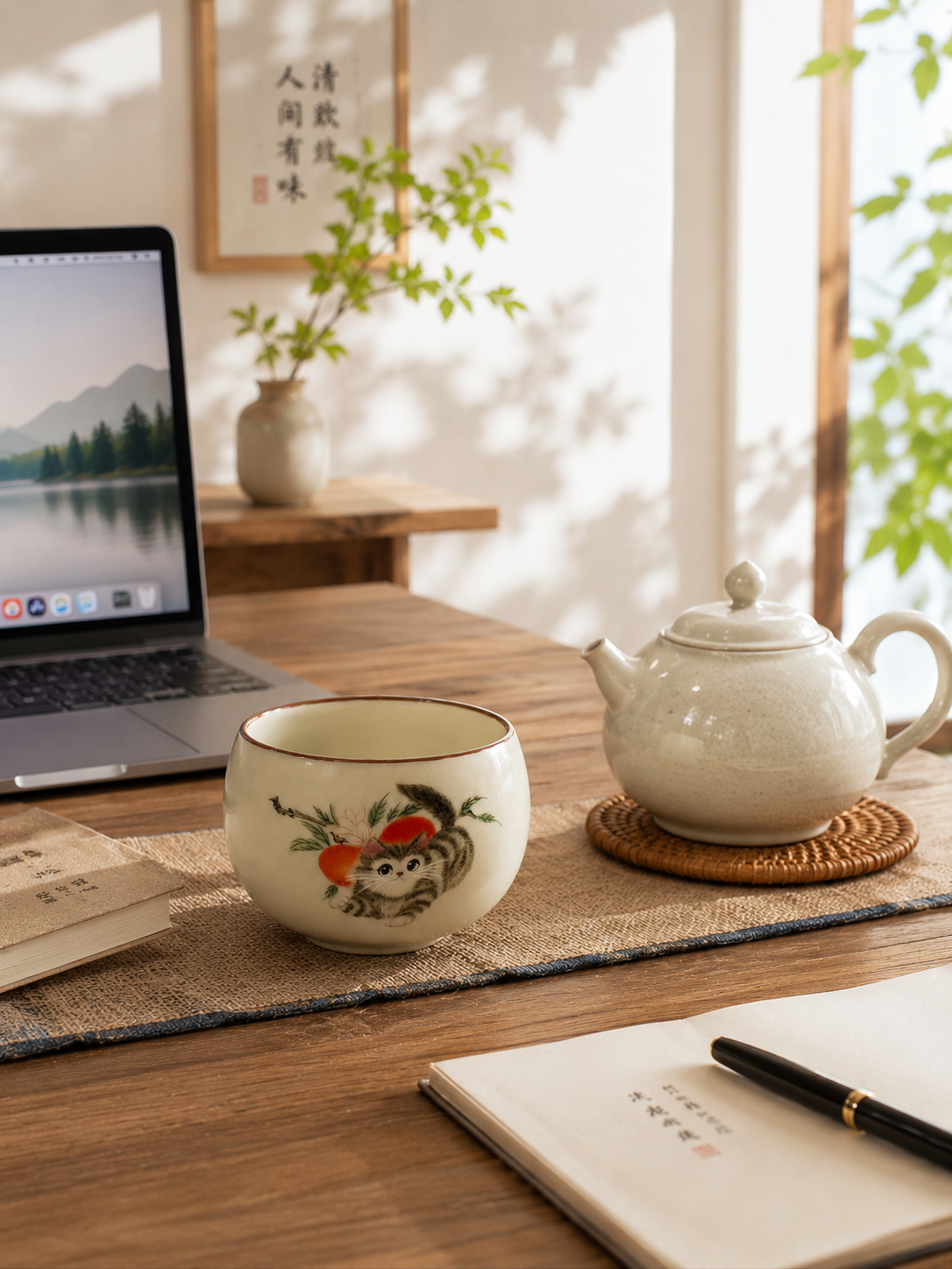 Ceramic Handcrafted Ru Kiln Cute Cat Tea Cup Gongfu Tasting Cup 可爱小猫汝窑陶瓷小茶杯 主人杯 品茗杯