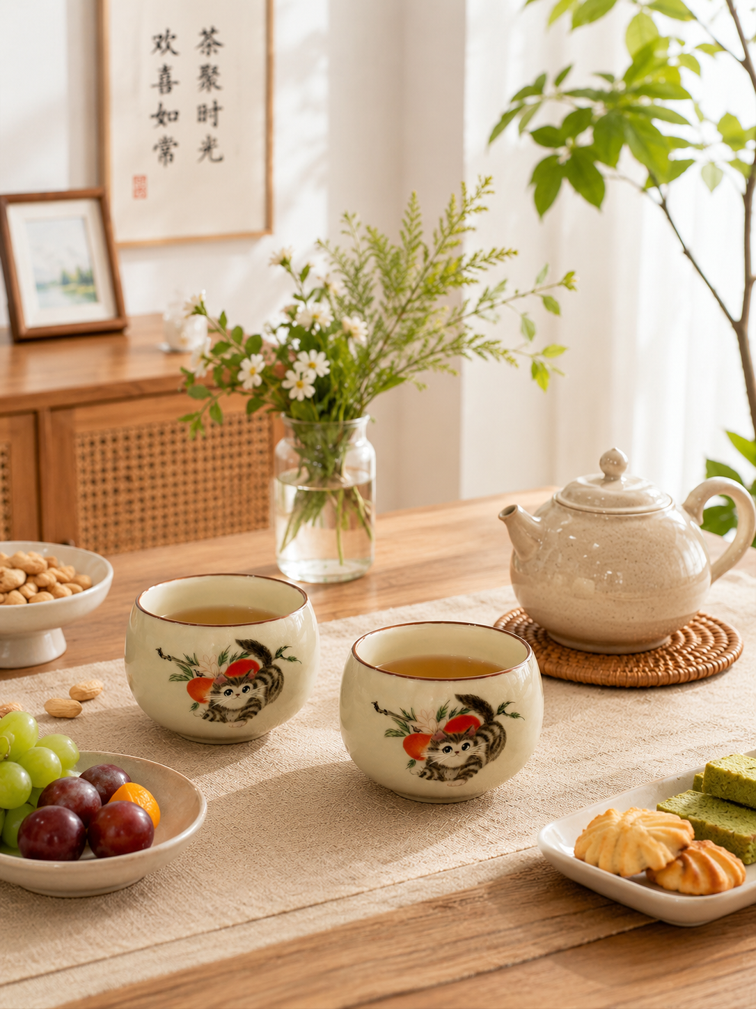 Ceramic Handcrafted Ru Kiln Cute Cat Tea Cup Gongfu Tasting Cup 可爱小猫汝窑陶瓷小茶杯 主人杯 品茗杯