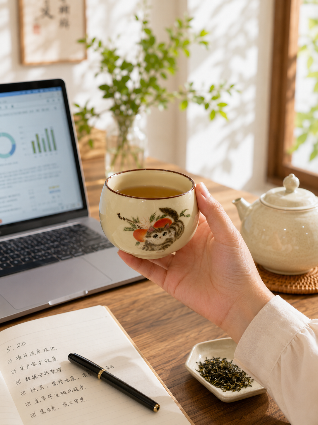 Ceramic Handcrafted Ru Kiln Cute Cat Tea Cup Gongfu Tasting Cup 可爱小猫汝窑陶瓷小茶杯 主人杯 品茗杯