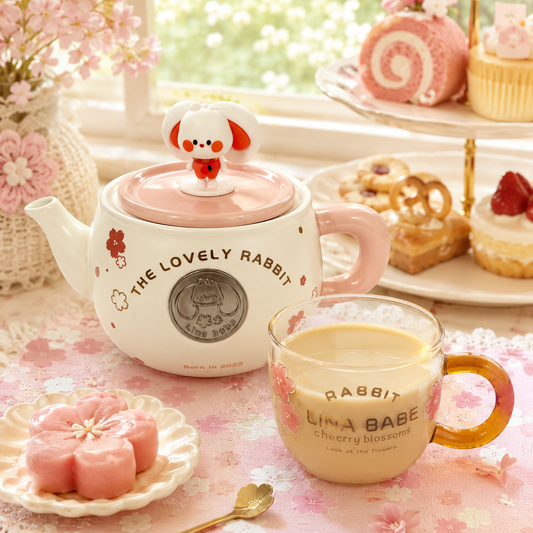 A Cute Cherry Blossom Bunny Afternoon Tea Set Gift - 1 Ceramic Teapot, 1 Glass Teacup & Gift Box 樱花兔兔下午茶套装礼盒 1壶1杯+礼盒