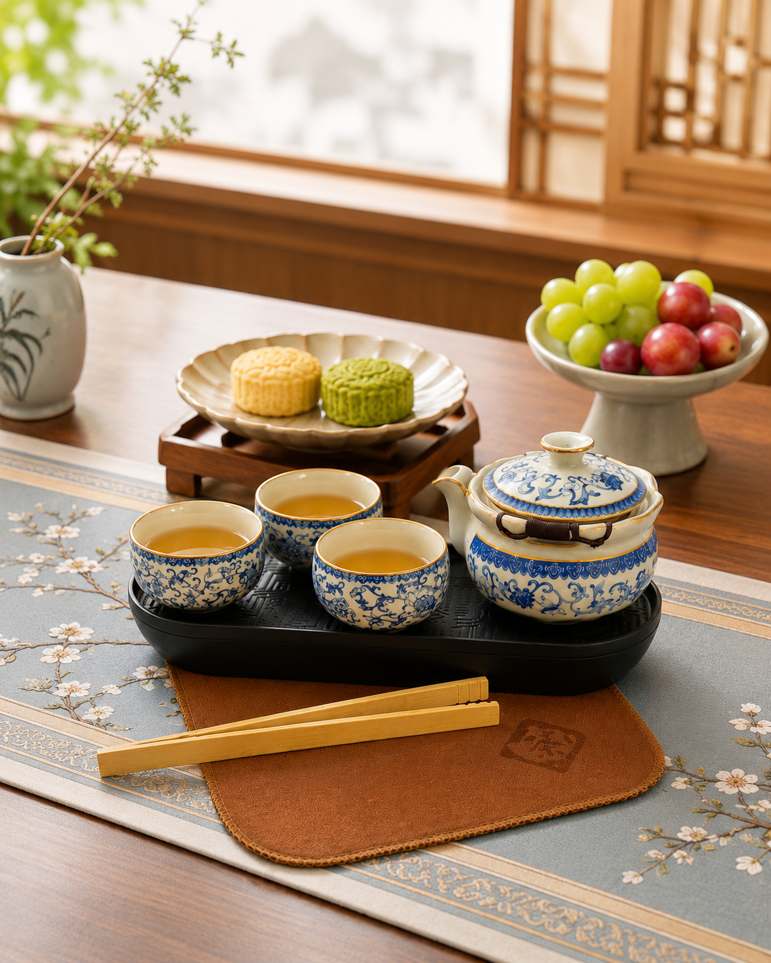 A Luxury Ceramic Tea Set Gift Set – 1 Teapot, 3 Cups, Tea Tray, Cloth & Tongs with Portable Gift Box 青花釉下彩陶瓷茶具礼盒套装 1壶3杯+茶盘茶巾茶夹+仿皮质礼盒