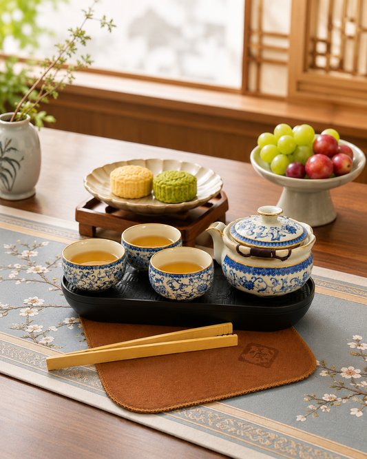 A Luxury Ceramic Tea Set Gift – 1 Teapot, 3 Cups, Tea Tray, Cloth, Tong & Elegant Travel Storage Case 青花釉下彩陶瓷茶具礼盒套装 1壶3杯+茶盘茶巾茶夹+仿皮提手礼盒