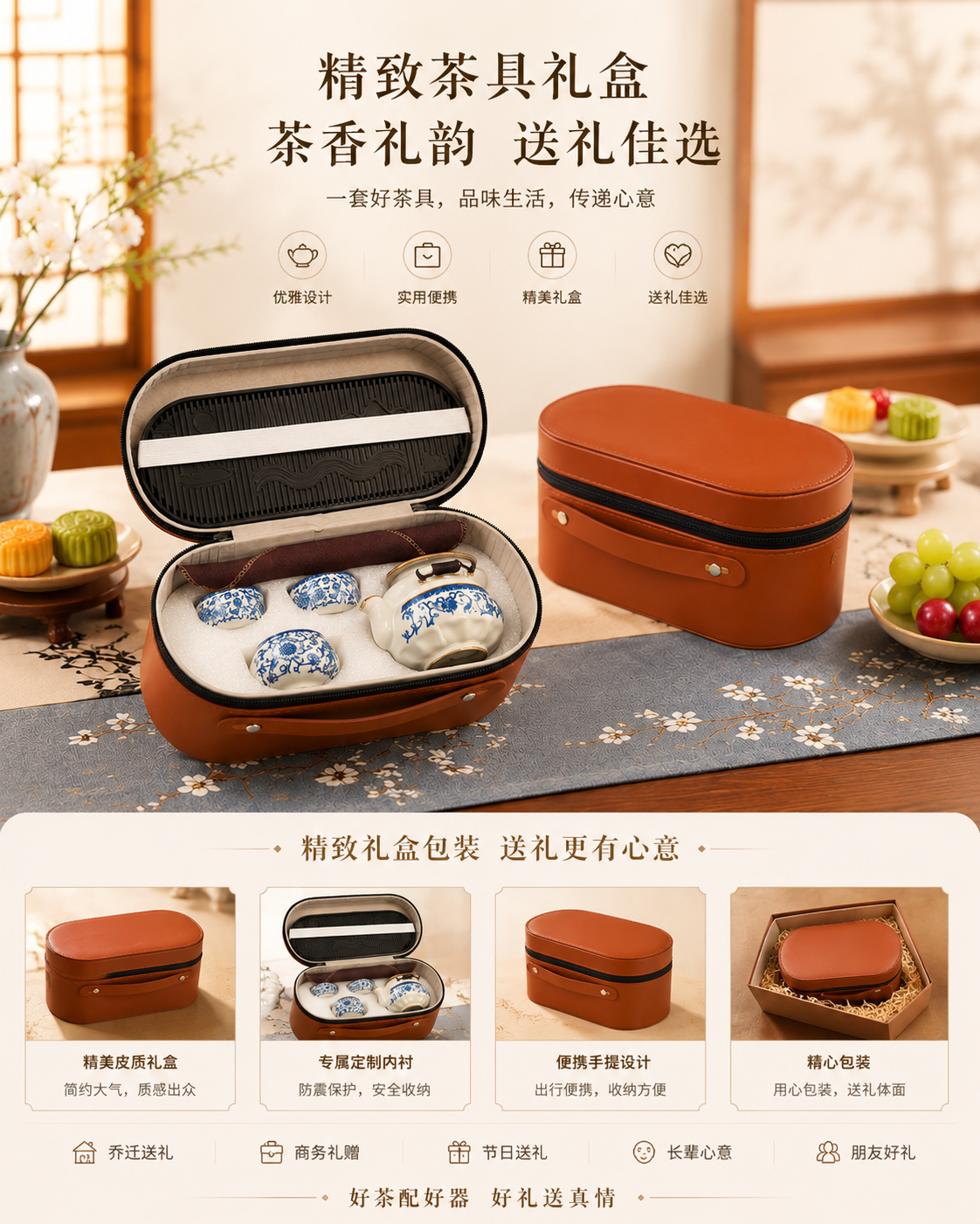 A Luxury Ceramic Tea Set Gift Set – 1 Teapot, 3 Cups, Tea Tray, Cloth & Tongs with Portable Gift Box 青花釉下彩陶瓷茶具礼盒套装 1壶3杯+茶盘茶巾茶夹+仿皮质礼盒