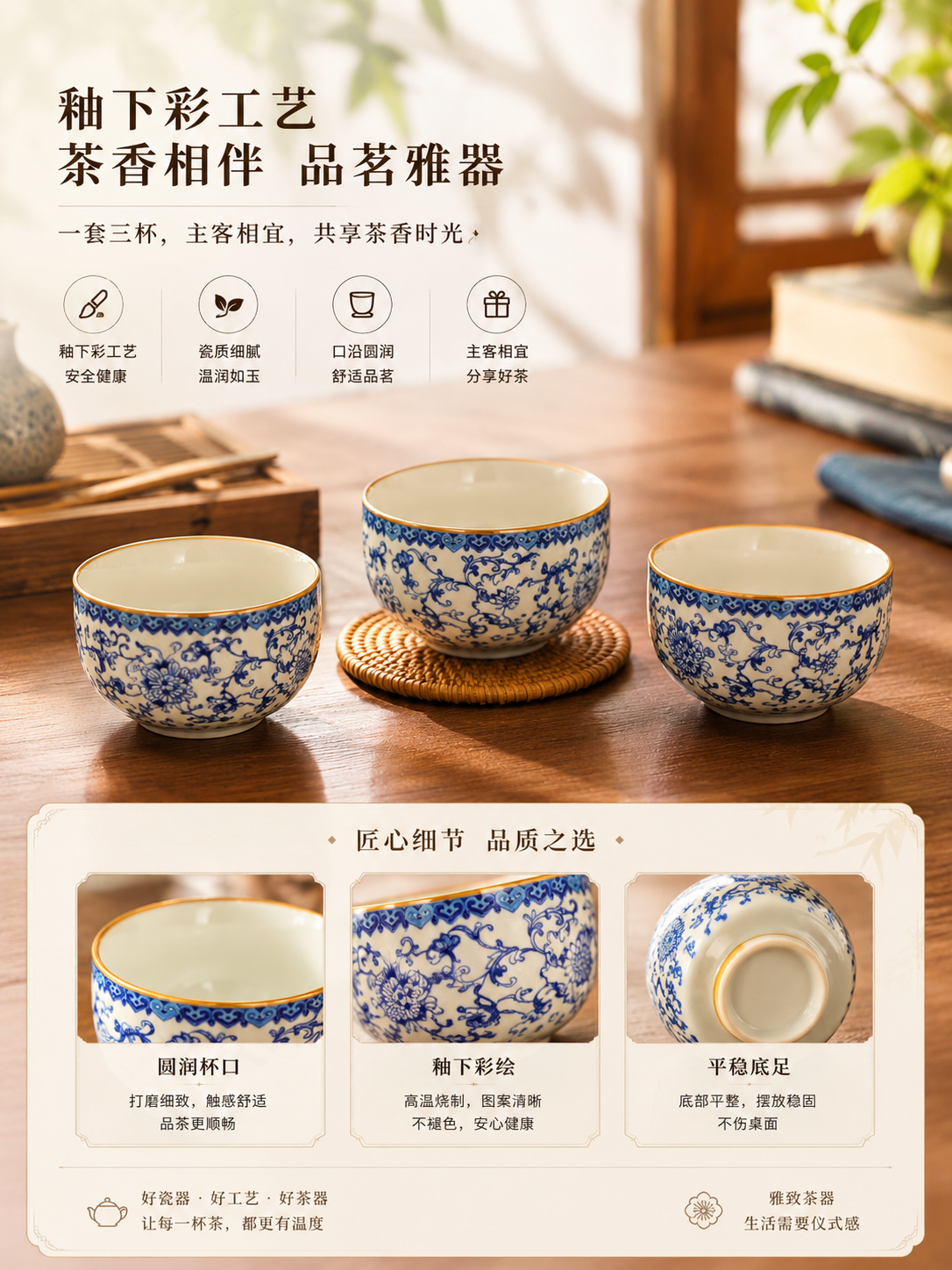 A Luxury Ceramic Tea Set Gift Set – 1 Teapot, 3 Cups, Tea Tray, Cloth & Tongs with Portable Gift Box 青花釉下彩陶瓷茶具礼盒套装 1壶3杯+茶盘茶巾茶夹+仿皮质礼盒