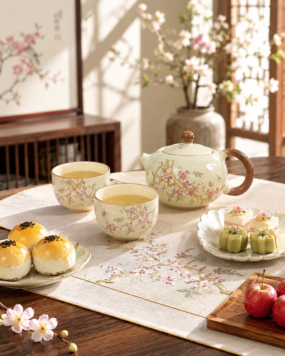 A Luxury Ceramic Tea Set Gift Box with Teapot and 2 Cups, Elegant Travel Storage Case 礼盒茶具套装 1壶2杯+仿皮提手礼盒 樱花/紫阳花两款选
