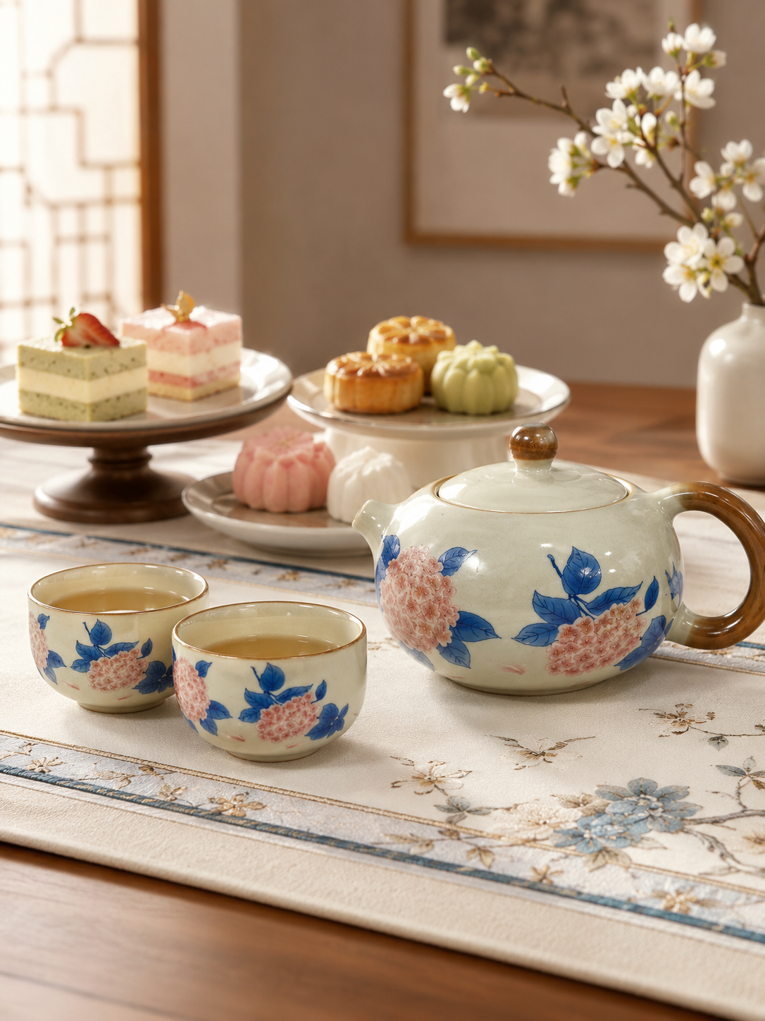 A Luxury Ceramic Tea Set Gift Box with Teapot and 2 Cups, Elegant Travel Storage Case 礼盒茶具套装 1壶2杯+仿皮提手礼盒 樱花/紫阳花两款选