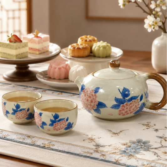 A Luxury Ceramic Tea Set Gift - 1 Teapot, 2 Cups & Elegant Travel Storage Case | Sakura/Hydrangea Pattern 釉下彩陶瓷茶具礼盒套装 1壶2杯+仿皮提手礼盒 樱花/紫阳花2款选
