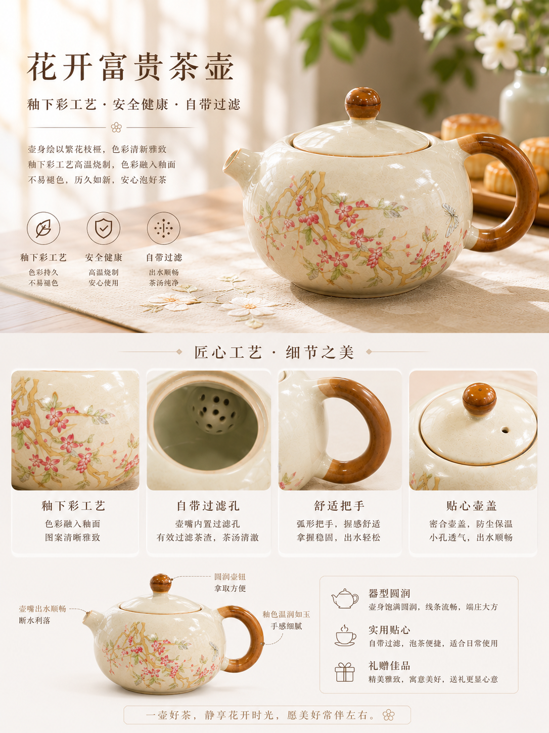 A Luxury Ceramic Tea Set Gift Box with Teapot and 2 Cups, Elegant Travel Storage Case 礼盒茶具套装 1壶2杯+仿皮提手礼盒 樱花/紫阳花两款选