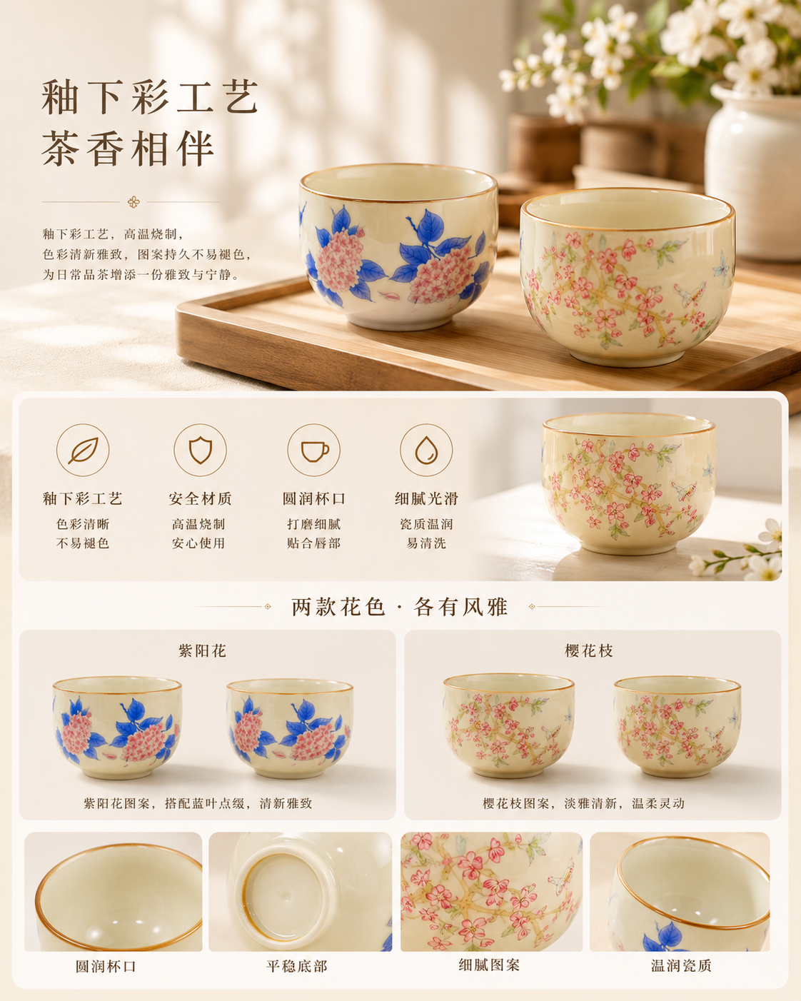 A Luxury Ceramic Tea Set Gift Box with Teapot and 2 Cups, Elegant Travel Storage Case 礼盒茶具套装 1壶2杯+仿皮提手礼盒 樱花/紫阳花两款选